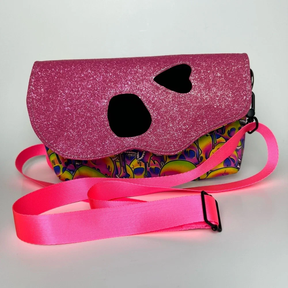 Skull Neon Pink Glitter Drippy Psychedelic Crossbody Bag with Strap - Picture 3 of 12